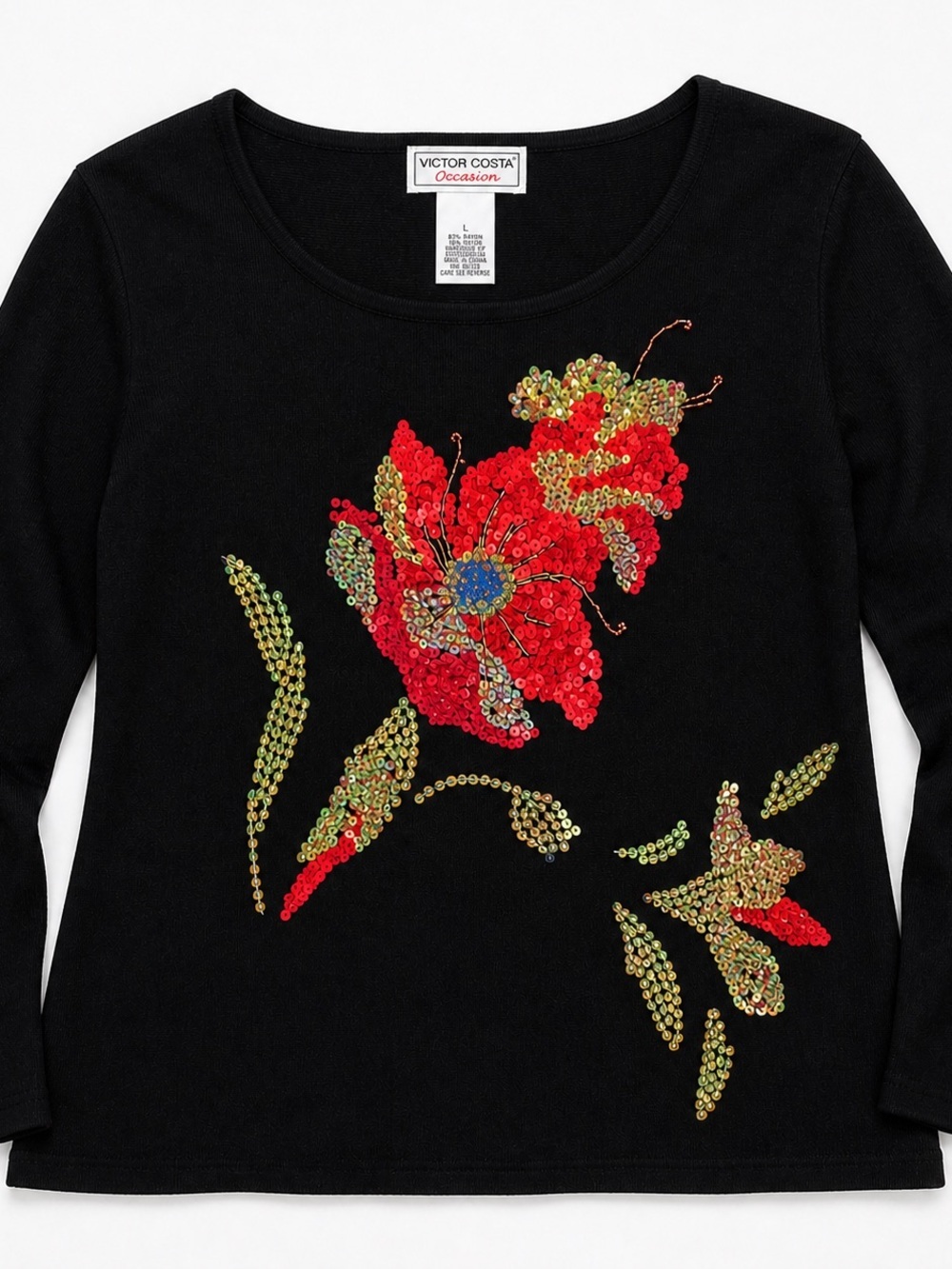 Victor Costa Beaded Sequin Floral Top Black Wearable Art Knit Size L